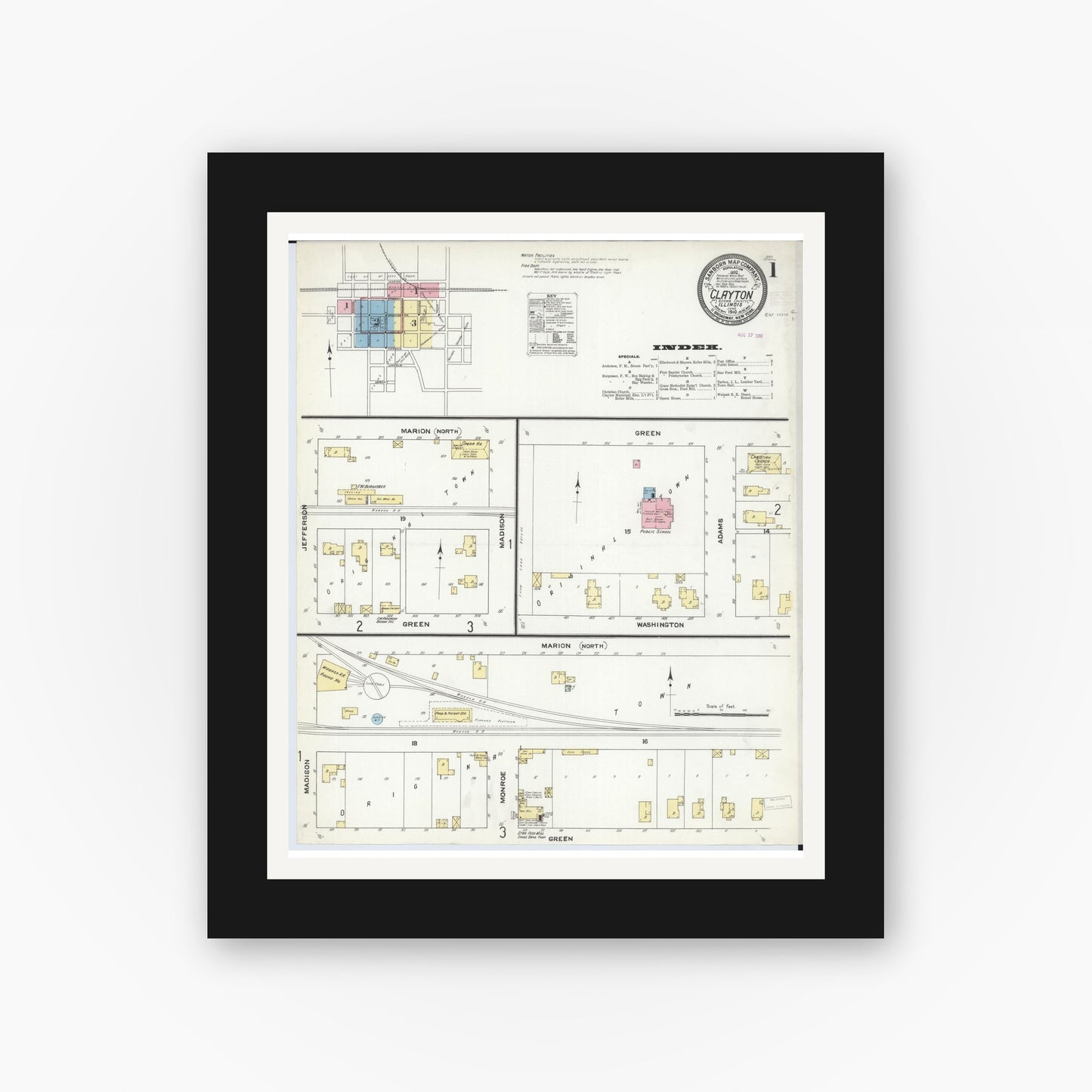 Old map wall art mockup — black gallery frame with white mat — Sanborn Fire Insurance Map from Clayton, Adams County, Illinois (1910), Sheet #0001