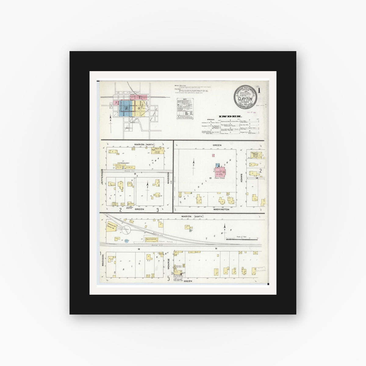 Old map wall art mockup — black gallery frame with white mat — Sanborn Fire Insurance Map from Clayton, Adams County, Illinois (1910), Sheet #0001