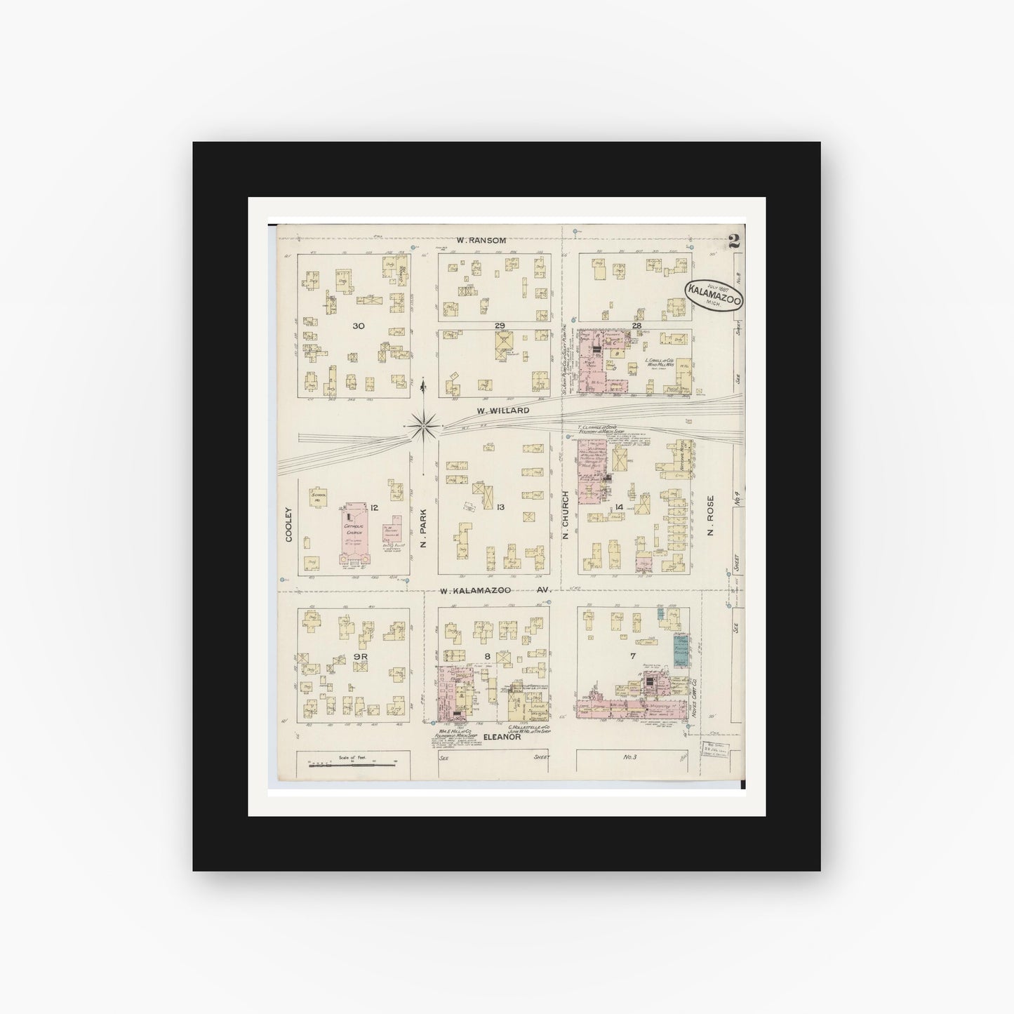 Old map wall art mockup — black gallery frame with white mat — Sanborn Fire Insurance Map from Kalamazoo, Kalamazoo County, Michigan (1887), Sheet #0002