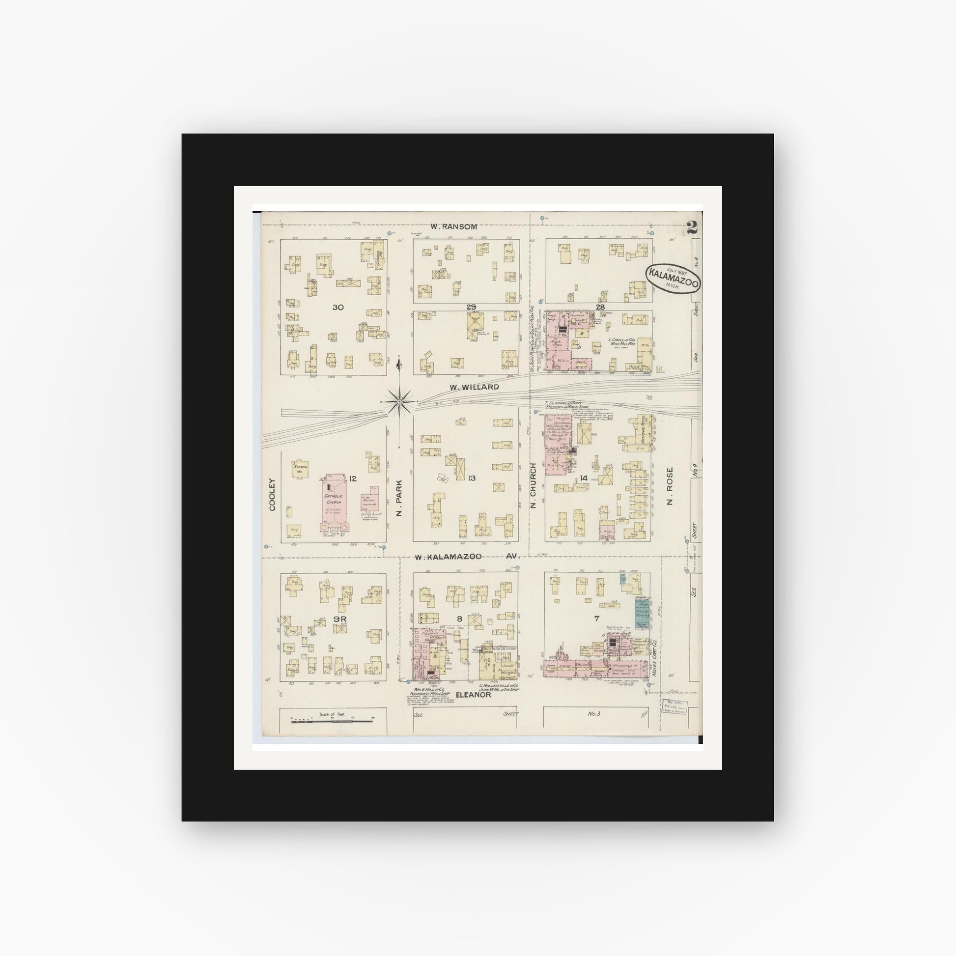 Old map wall art mockup — black gallery frame with white mat — Sanborn Fire Insurance Map from Kalamazoo, Kalamazoo County, Michigan (1887), Sheet #0002
