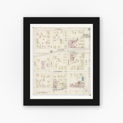 Old map wall art mockup — black gallery frame with white mat — Sanborn Fire Insurance Map from Kalamazoo, Kalamazoo County, Michigan (1887), Sheet #0002