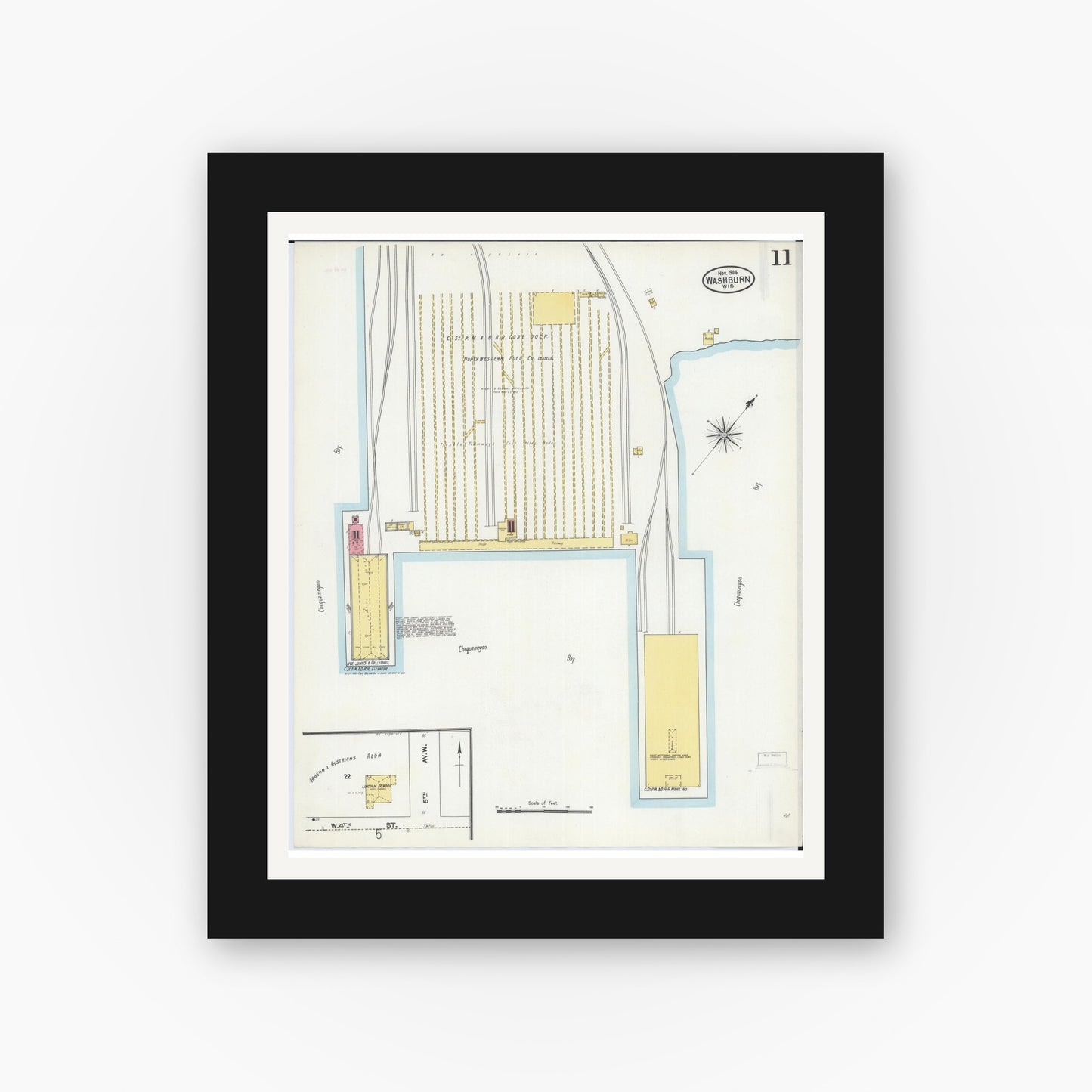 Old map wall art mockup — black gallery frame with white mat — Sanborn Fire Insurance Map from Washburn, Bayfield County, Wisconsin (1904), Sheet #0011