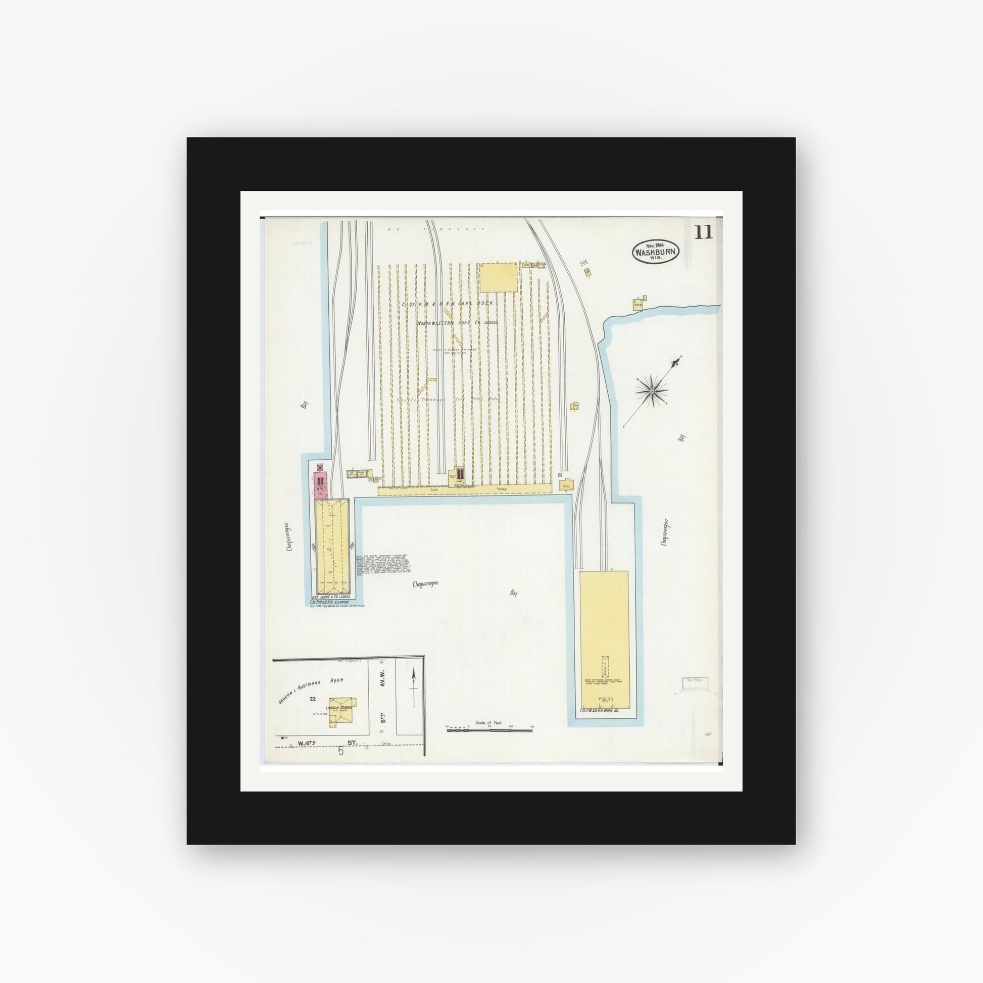 Old map wall art mockup — black gallery frame with white mat — Sanborn Fire Insurance Map from Washburn, Bayfield County, Wisconsin (1904), Sheet #0011