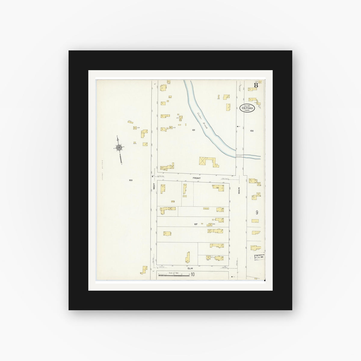 Old map wall art mockup — black gallery frame with white mat — Sanborn Fire Insurance Map from Oxford, Worcester County, Massachusetts (1911), Sheet #0008