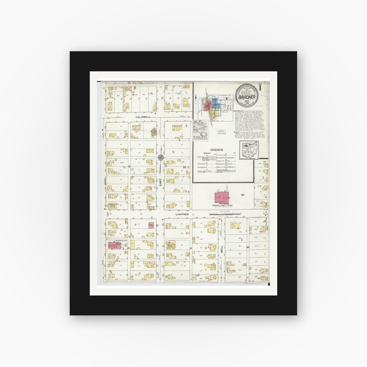 Old map wall art mockup — black gallery frame with white mat — Sanborn Fire Insurance Map from Bradner, Wood County, Ohio (1920), Sheet #0001