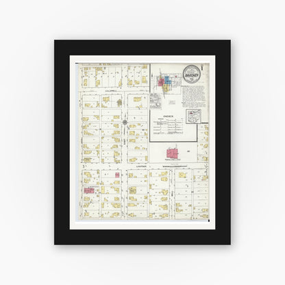 Old map wall art mockup — black gallery frame with white mat — Sanborn Fire Insurance Map from Bradner, Wood County, Ohio (1920), Sheet #0001
