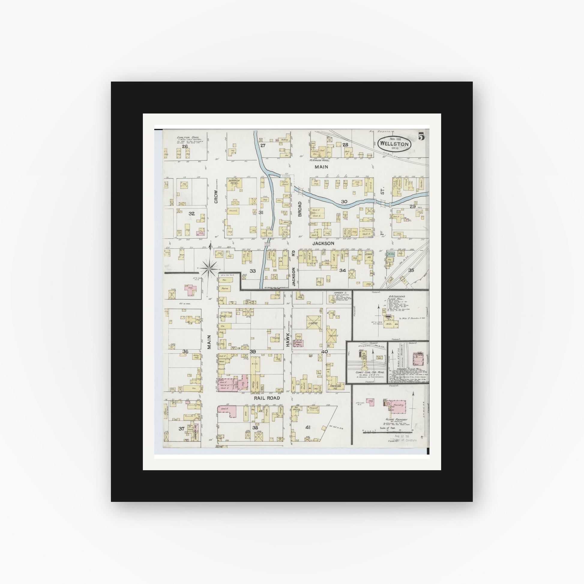 Old map wall art mockup — black gallery frame with white mat — Sanborn Fire Insurance Map from Wellston, Jackson County, Ohio (1888), Sheet #0005