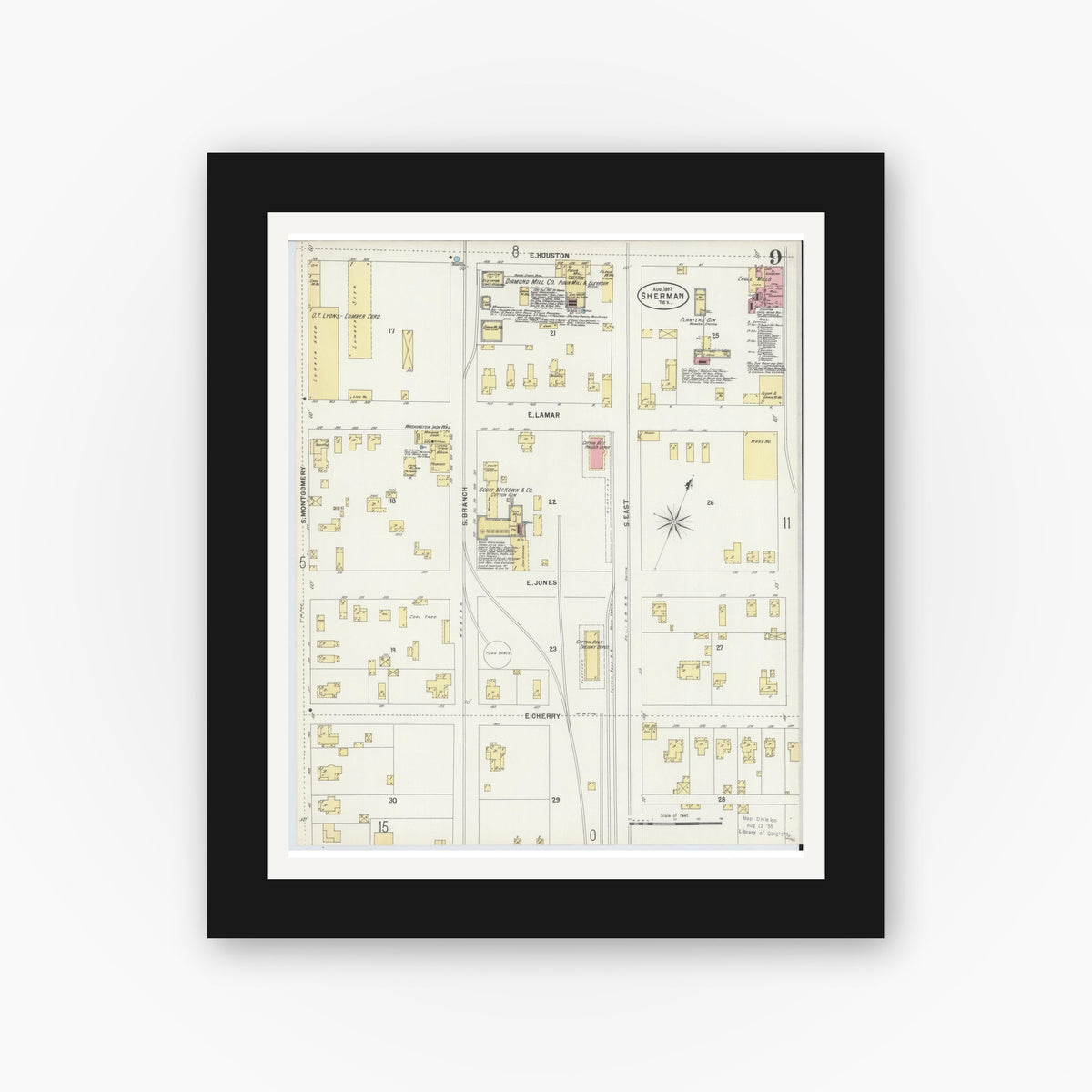 Old map wall art mockup — black gallery frame with white mat — Sanborn Fire Insurance Map from Sherman, Grayson County, Texas (1897), Sheet #0009