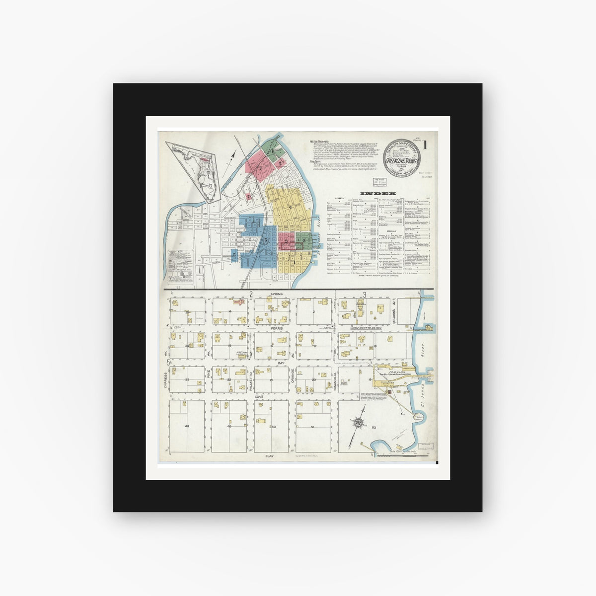 Old map wall art mockup — black gallery frame with white mat — Sanborn Fire Insurance Map from Green Cove Springs, Clay County, Florida (1917), Sheet #0001