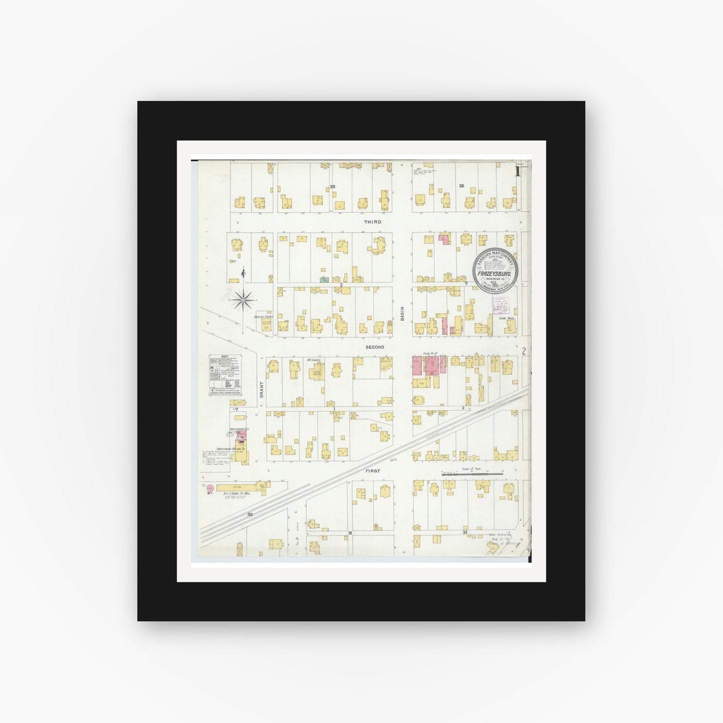Old map wall art mockup — black gallery frame with white mat — Sanborn Fire Insurance Map from Frazeysburg, Muskingum County, Ohio (1905), Sheet #0001