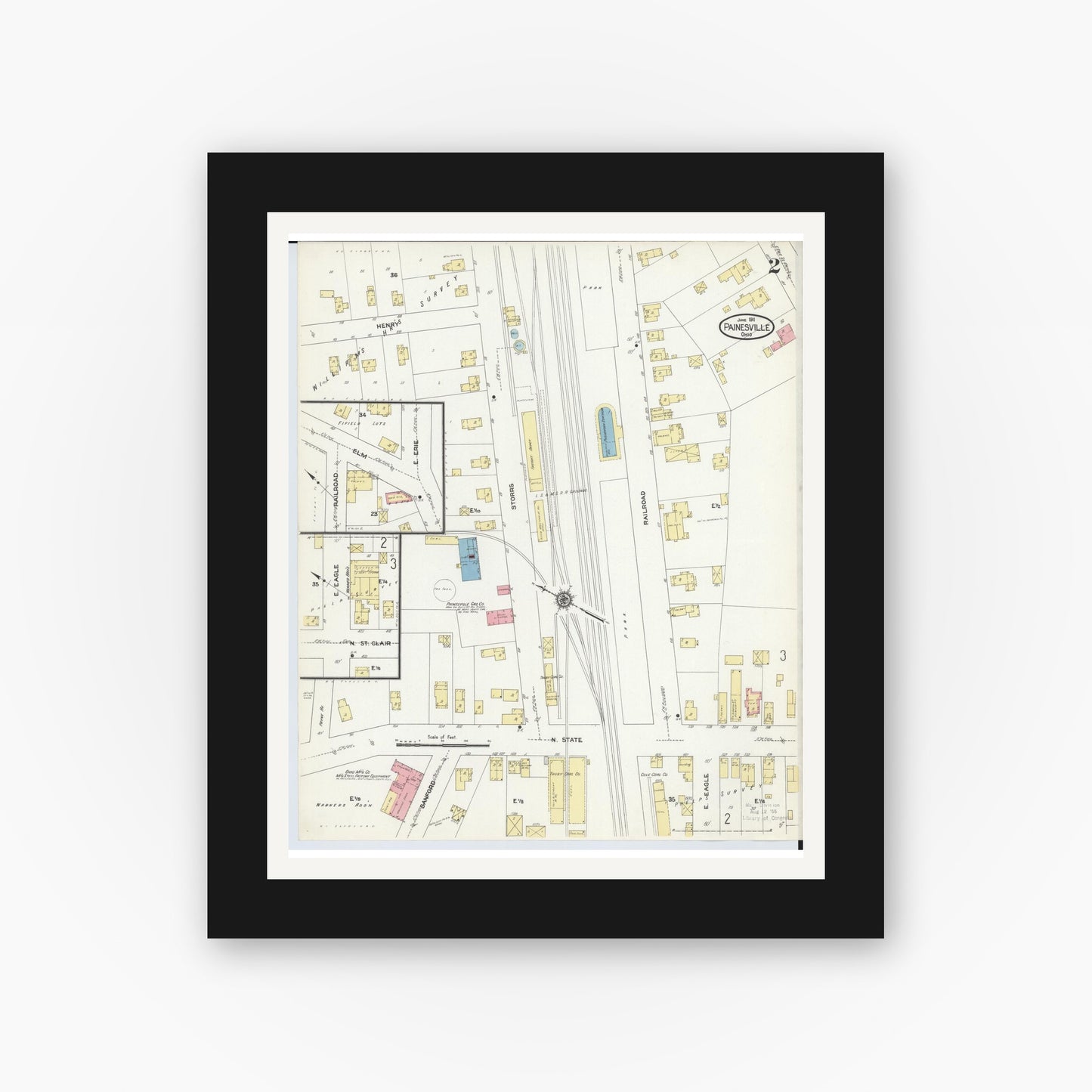 Old map wall art mockup — black gallery frame with white mat — Sanborn Fire Insurance Map from Painesville, Lake County, Ohio (1911), Sheet #0002