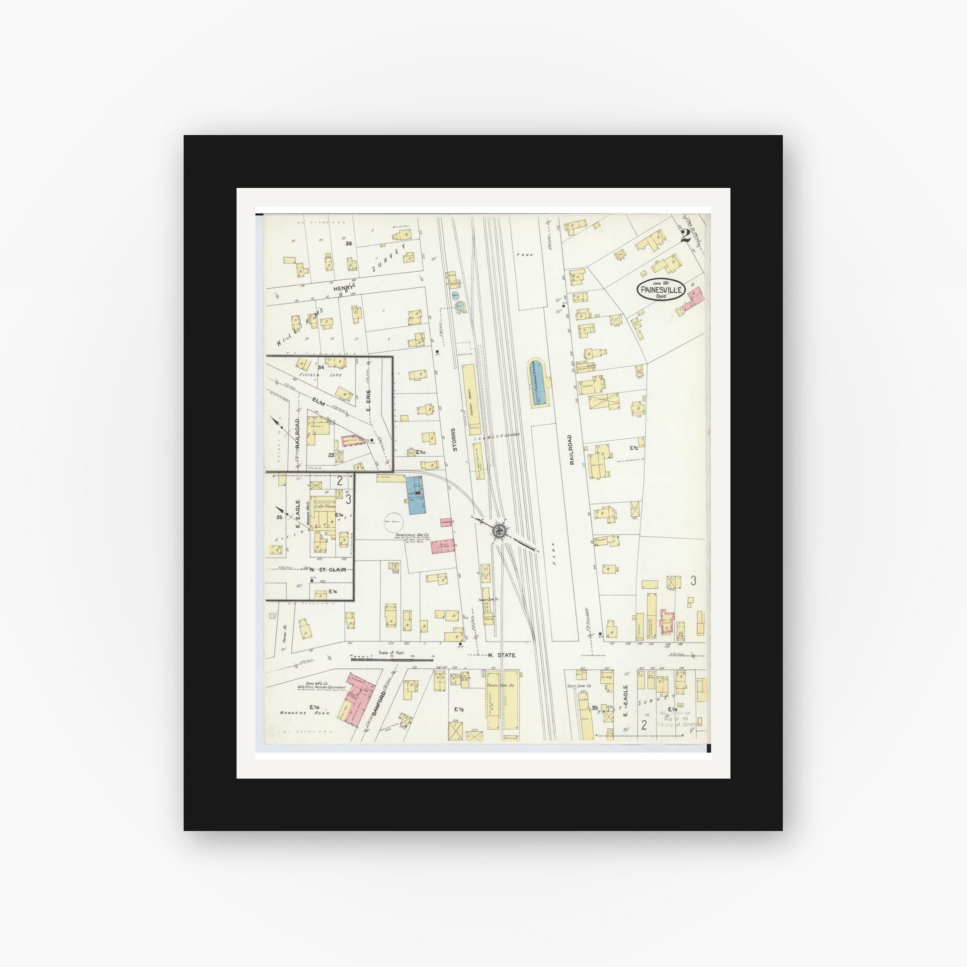 Old map wall art mockup — black gallery frame with white mat — Sanborn Fire Insurance Map from Painesville, Lake County, Ohio (1911), Sheet #0002