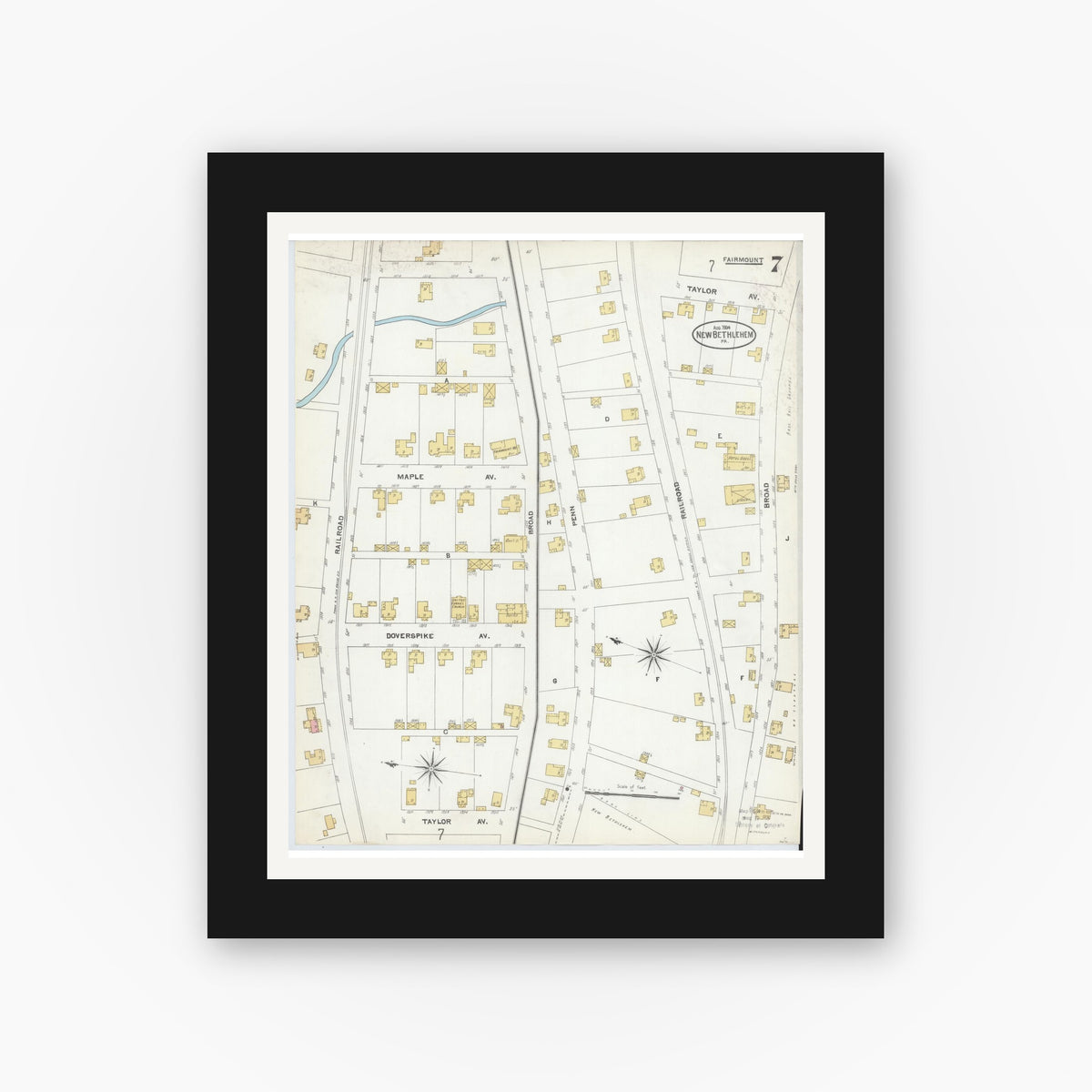 Old map wall art mockup — black gallery frame with white mat — Sanborn Fire Insurance Map from New Bethlehem, Clarion County, Pennsylvania (1904), Sheet #0007