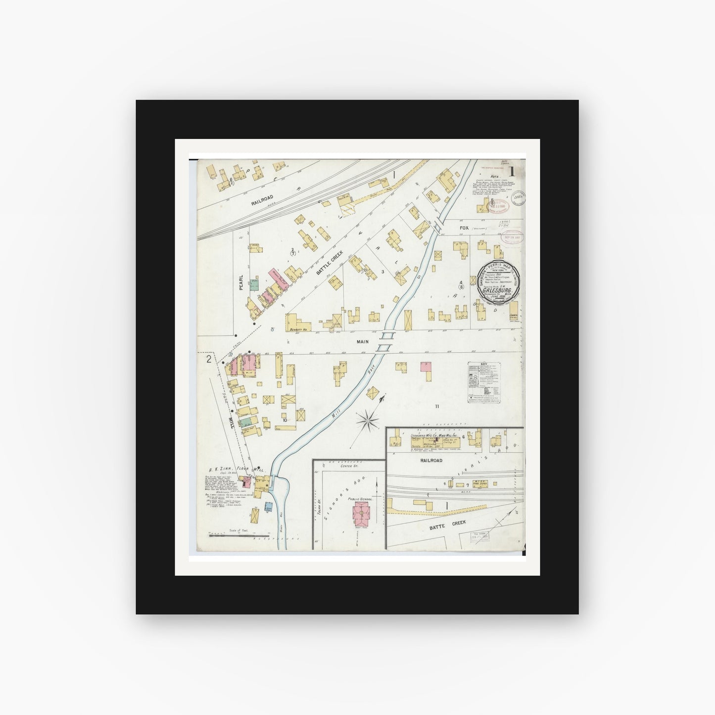 Old map wall art mockup — black gallery frame with white mat — Sanborn Fire Insurance Map from Galesburg, Kalamazoo County, Michigan (1899), Sheet #0001