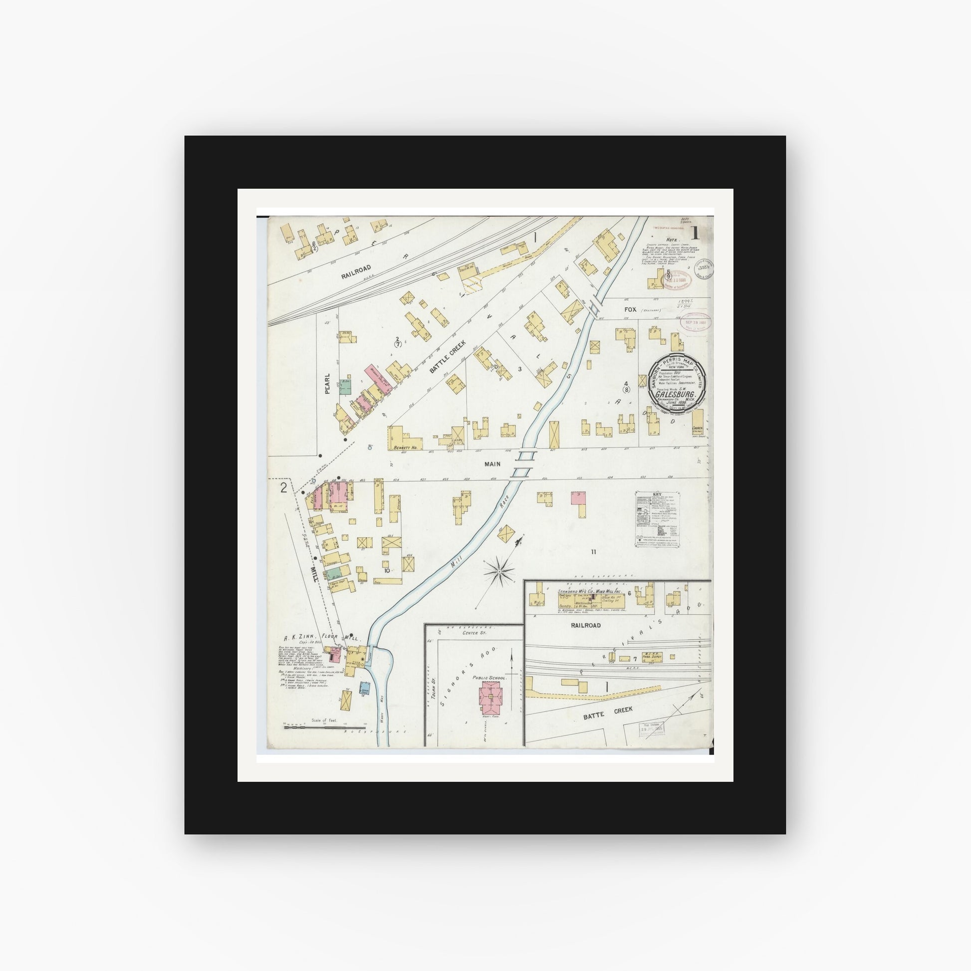 Old map wall art mockup — black gallery frame with white mat — Sanborn Fire Insurance Map from Galesburg, Kalamazoo County, Michigan (1899), Sheet #0001