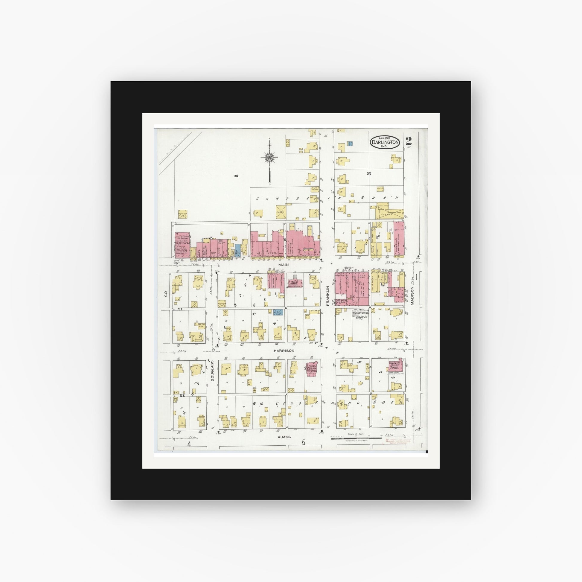 Old map wall art mockup — black gallery frame with white mat — Sanborn Fire Insurance Map from Darlington, Montgomery County, Indiana (1919), Sheet #0002