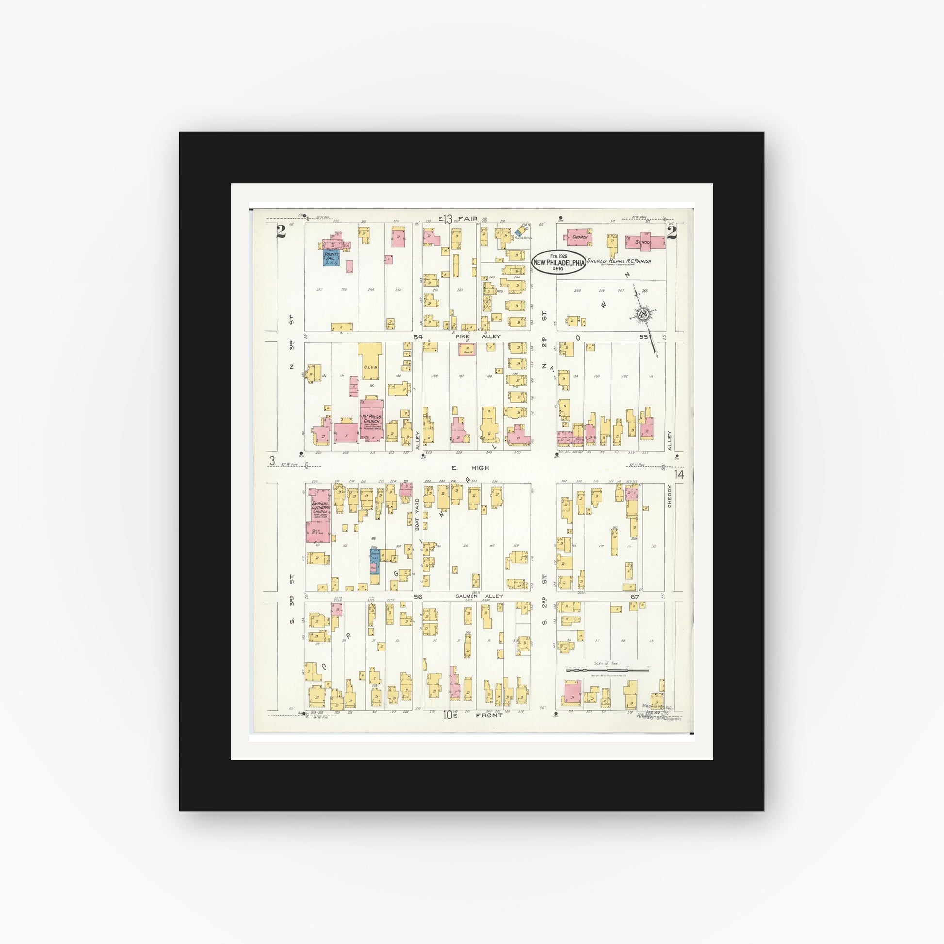 Old map wall art mockup — black gallery frame with white mat — Sanborn Fire Insurance Map from New Philadelphia, Tuscarawas County, Ohio (1926), Sheet #0002