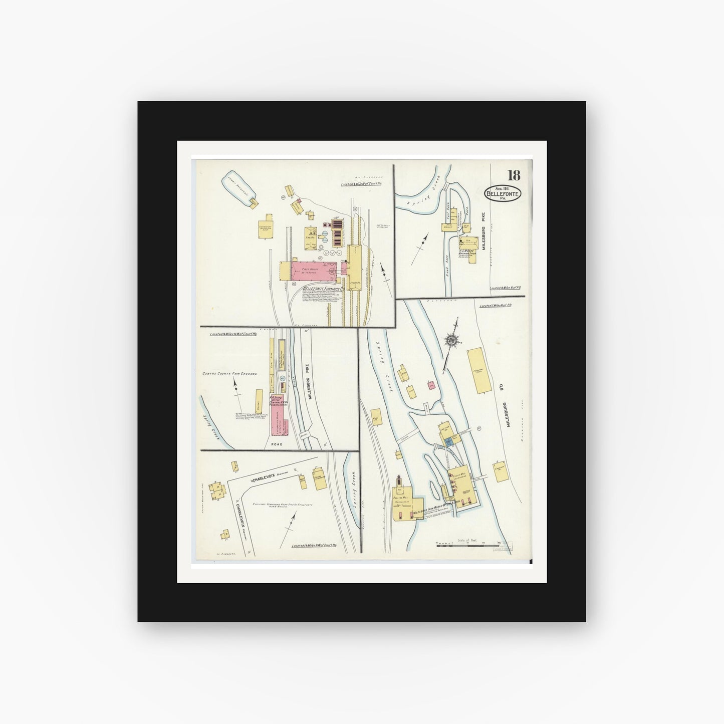 Old map wall art mockup — black gallery frame with white mat — Sanborn Fire Insurance Map from Bellefonte, Centre County, Pennsylvania (1911), Sheet #0018