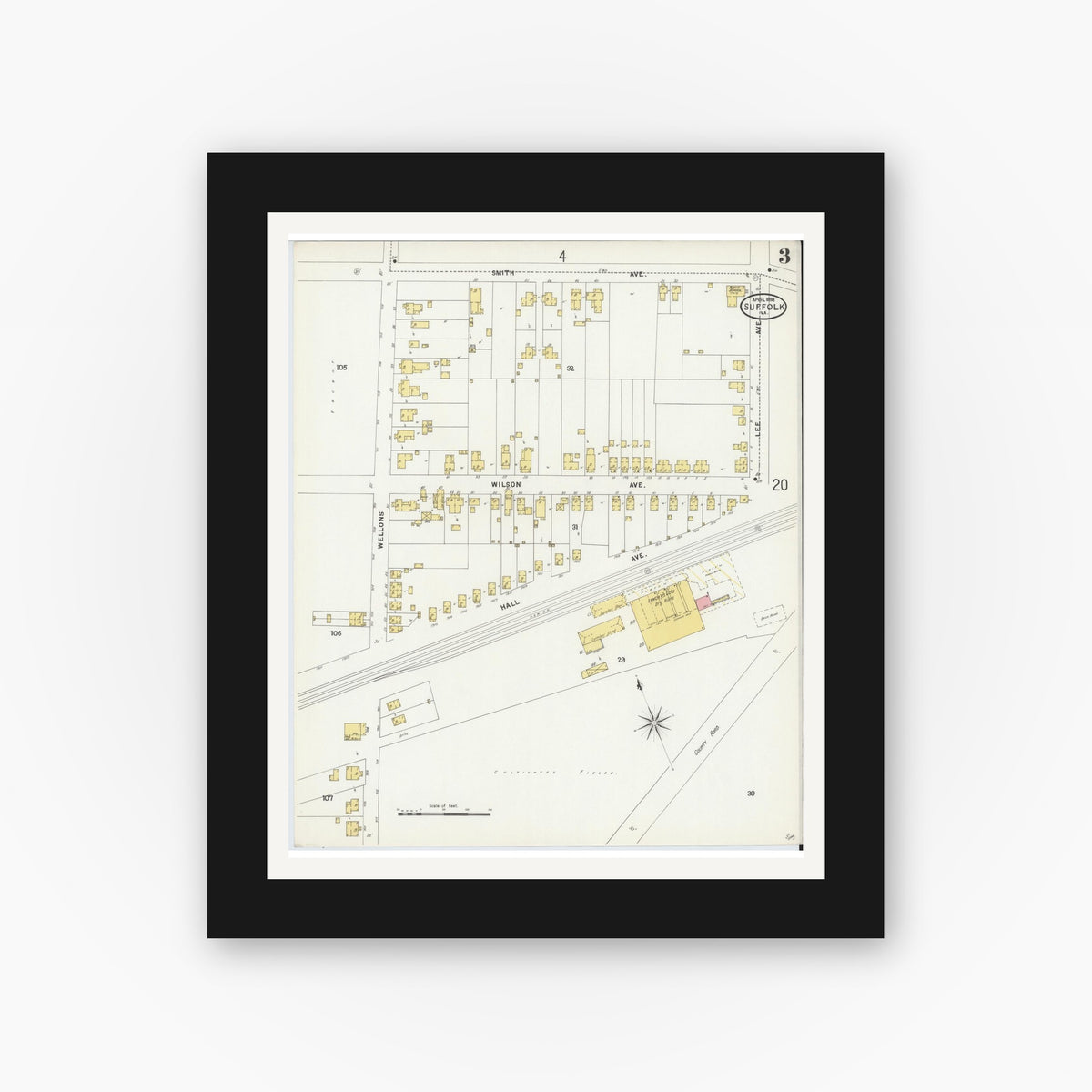 Old map wall art mockup — black gallery frame with white mat — Sanborn Fire Insurance Map from Suffolk, Independent Cities, Virginia (1898), Sheet #0003