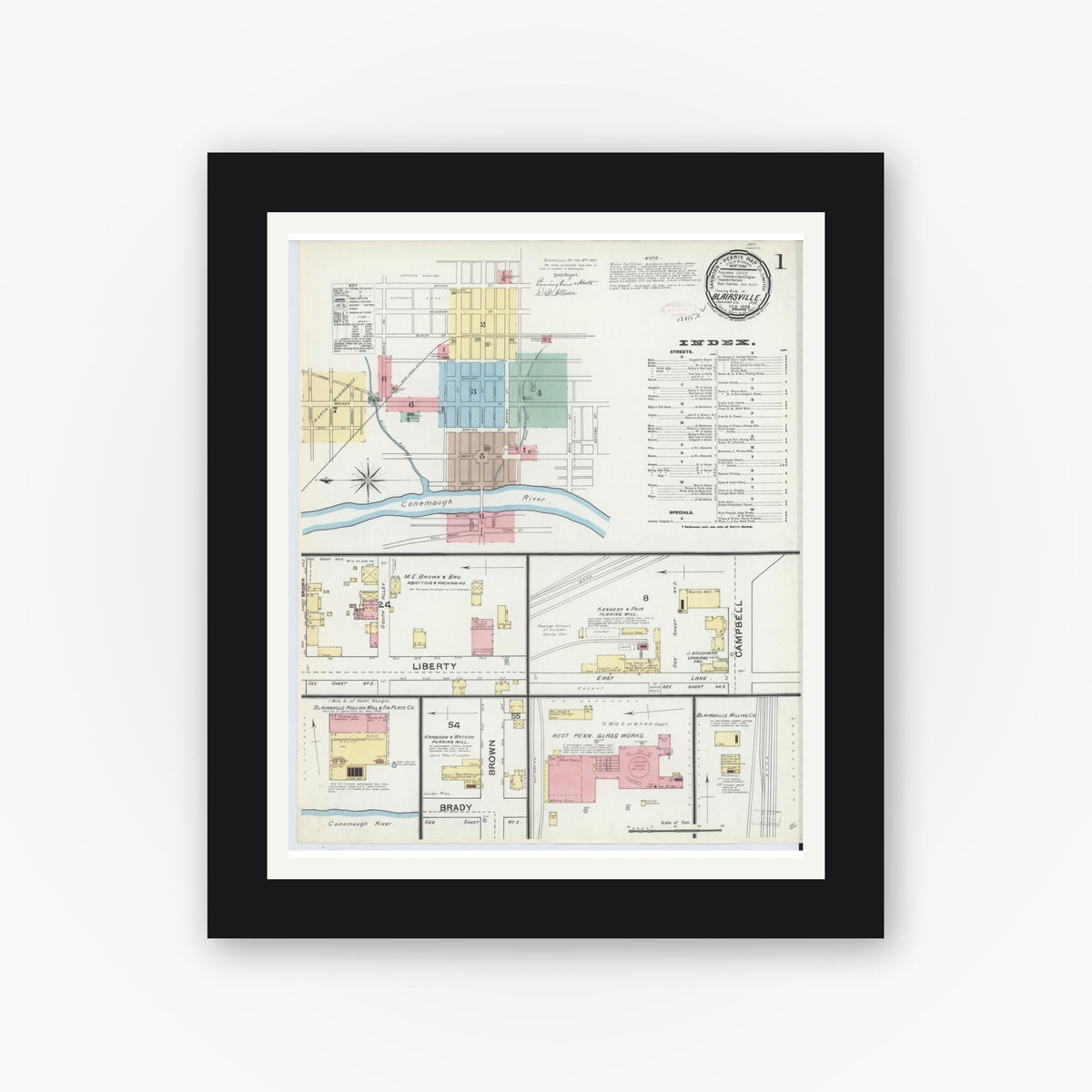 Old map wall art mockup — black gallery frame with white mat — Sanborn Fire Insurance Map from Blairsville, Indiana County, Pennsylvania (1892) - Complete Map Set