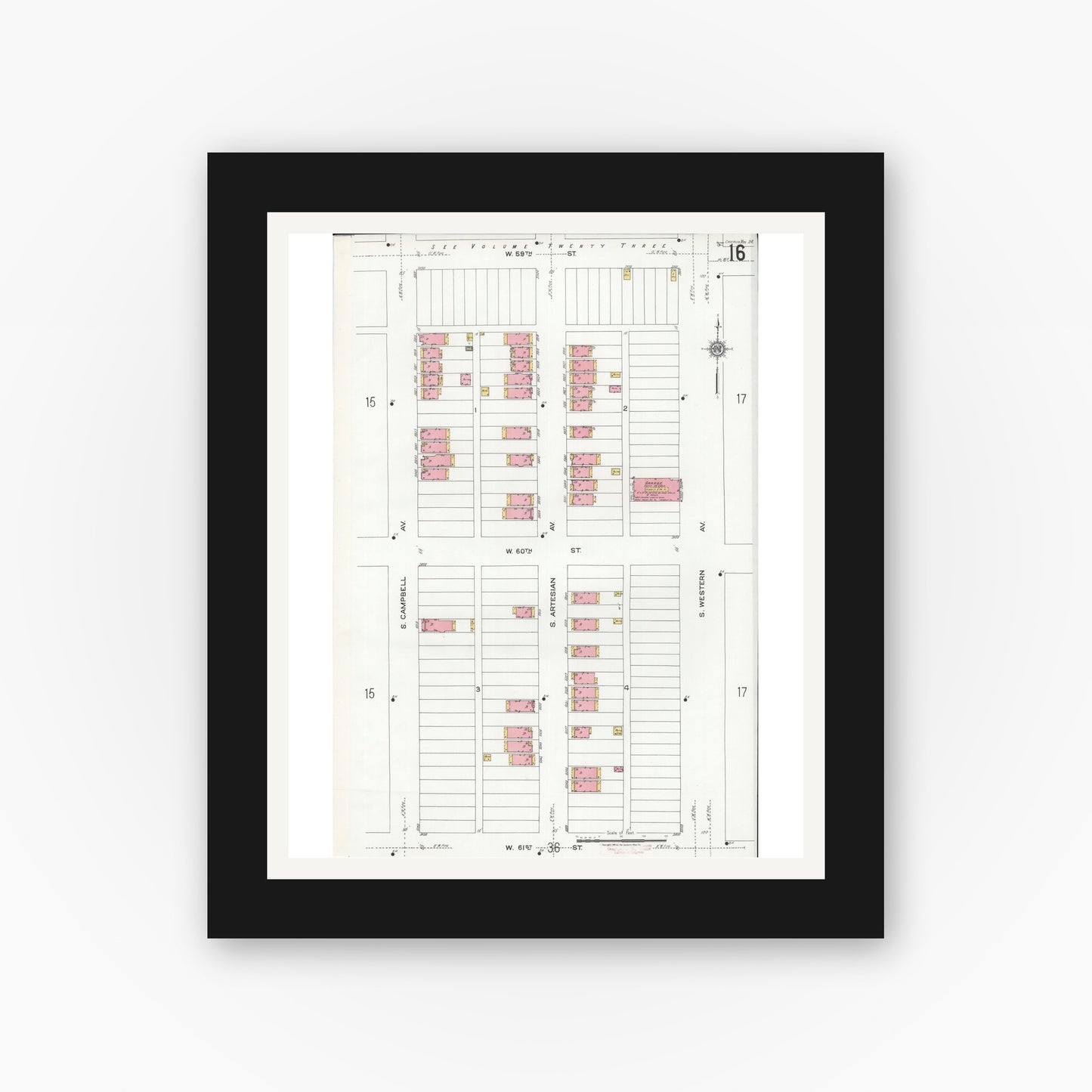 Old map wall art mockup — black gallery frame with white mat — Sanborn Fire Insurance Map from Chicago, Cook County, Illinois (1920), Sheet #0016