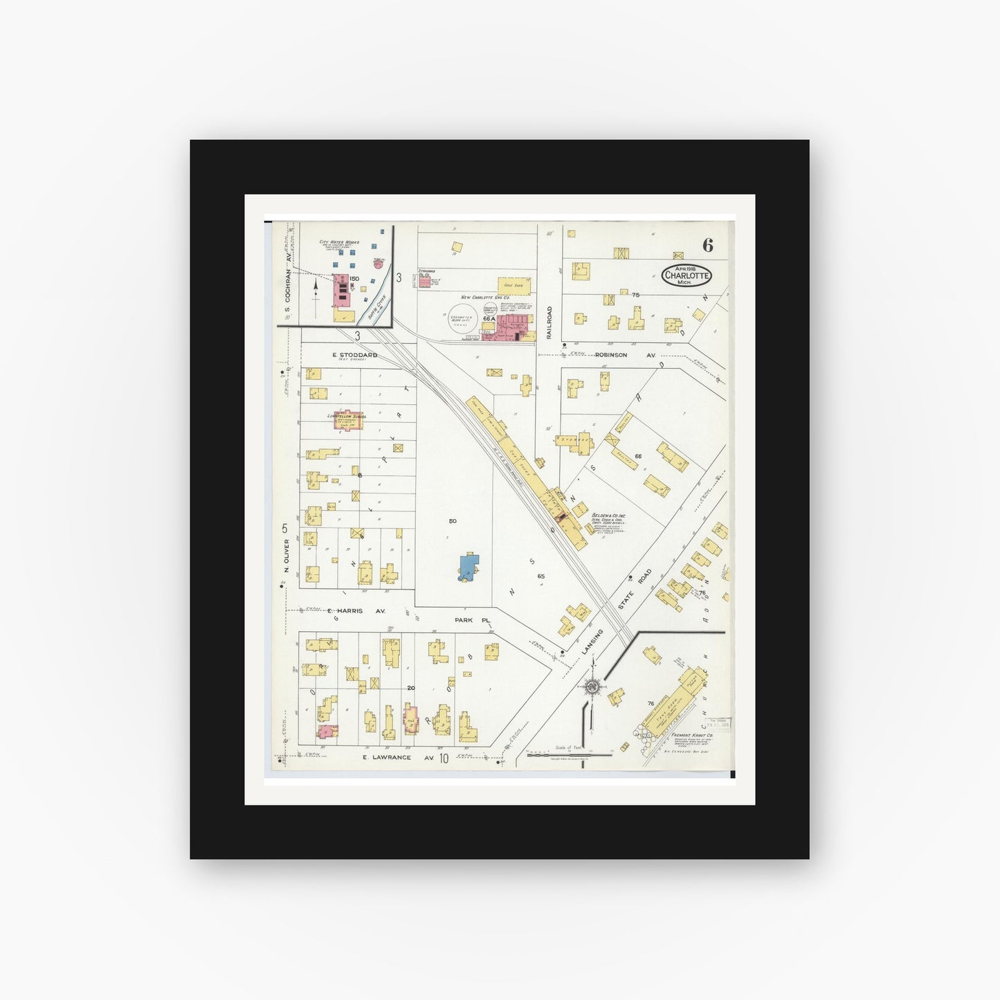 Old map wall art mockup — black gallery frame with white mat — Sanborn Fire Insurance Map from Charlotte, Eaton County, Michigan (1918), Sheet #0006