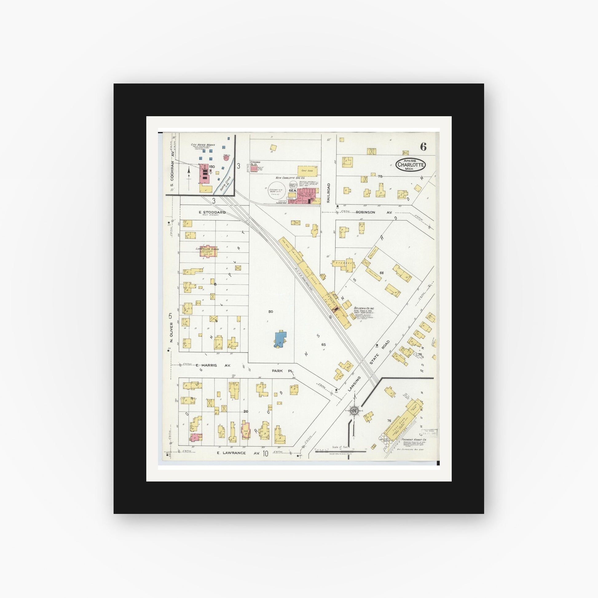 Old map wall art mockup — black gallery frame with white mat — Sanborn Fire Insurance Map from Charlotte, Eaton County, Michigan (1918), Sheet #0006