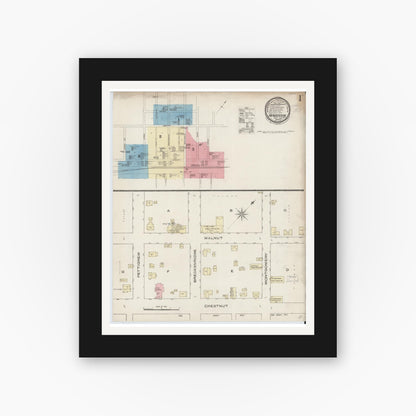 Old map wall art mockup — black gallery frame with white mat — Sanborn Fire Insurance Map from Henderson, Vance County, North Carolina (1885) - Complete Map Set