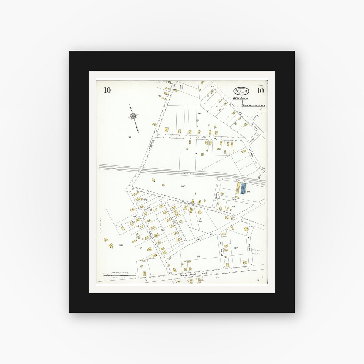 Old map wall art mockup — black gallery frame with white mat — Sanborn Fire Insurance Map from Berlin, Camden County, New Jersey (1923), Sheet #0010