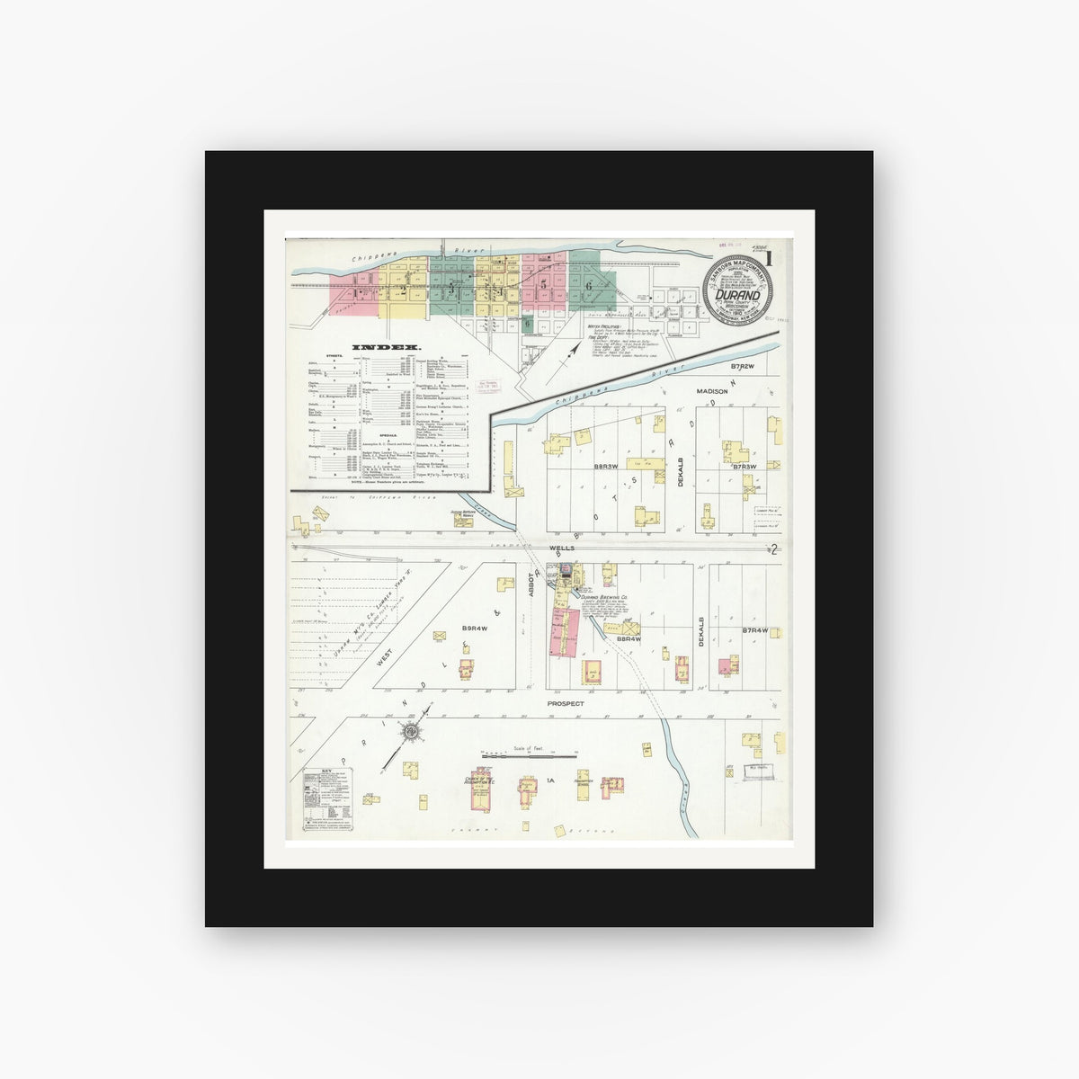 Old map wall art mockup — black gallery frame with white mat — Sanborn Fire Insurance Map from Durand, Pepin County, Wisconsin (1910) - Complete Map Set
