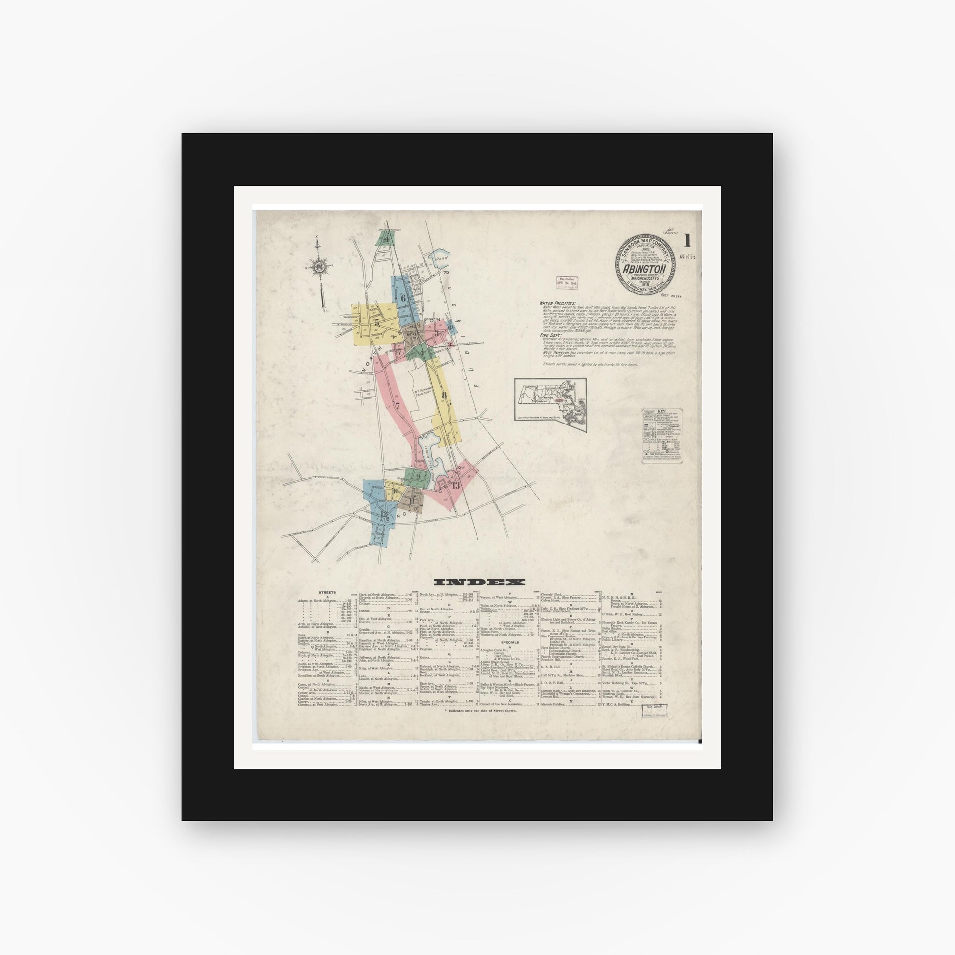 Old map wall art mockup — black gallery frame with white mat — Sanborn Fire Insurance Map from Abington, Plymouth County, Massachusetts (1915) - Complete Map Set
