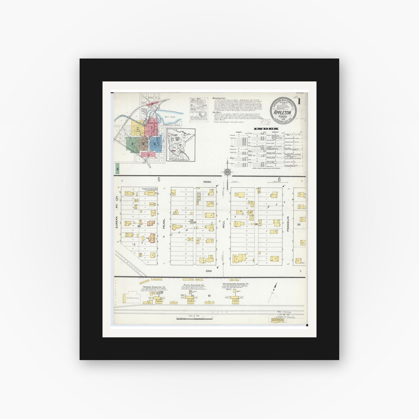Old map wall art mockup — black gallery frame with white mat — Sanborn Fire Insurance Map from Appleton, Swift County, Minnesota (1915) - Complete Map Set