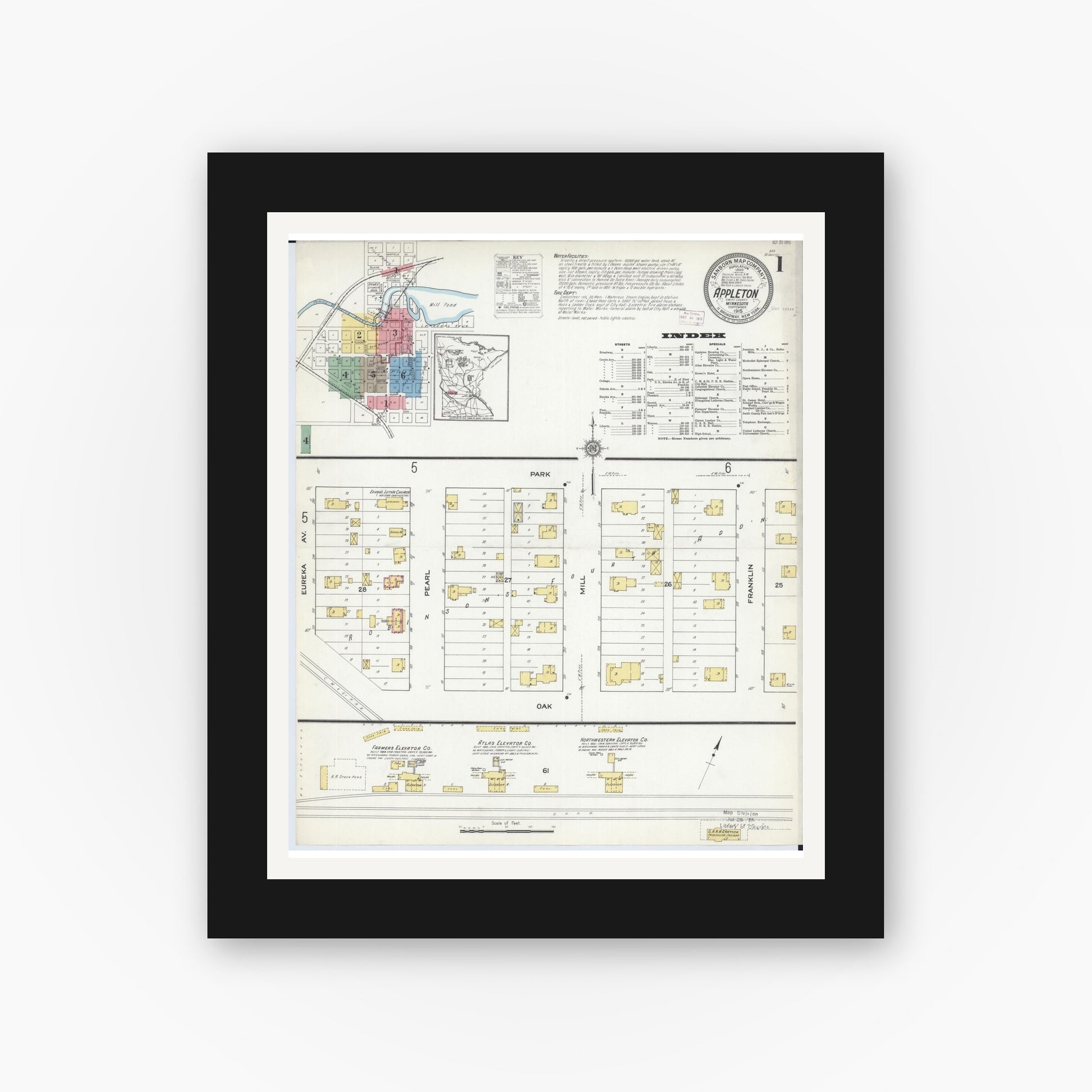 Old map wall art mockup — black gallery frame with white mat — Sanborn Fire Insurance Map from Appleton, Swift County, Minnesota (1915) - Complete Map Set