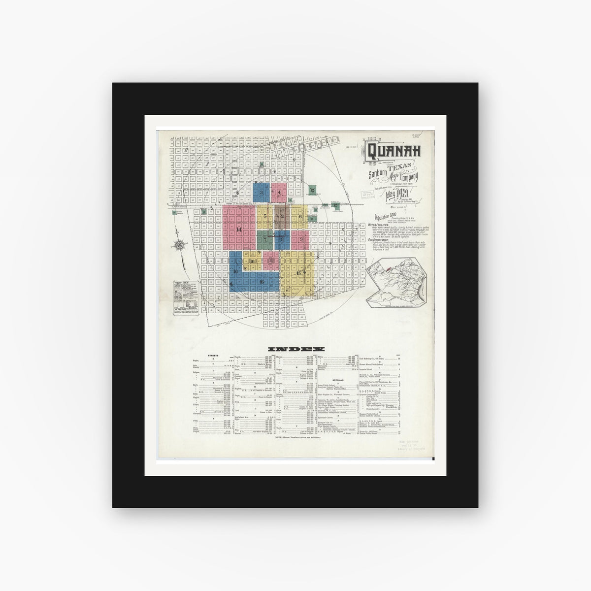 Old map wall art mockup — black gallery frame with white mat — Sanborn Fire Insurance Map from Quanah, Hardeman County, Texas (1921), Sheet #0001