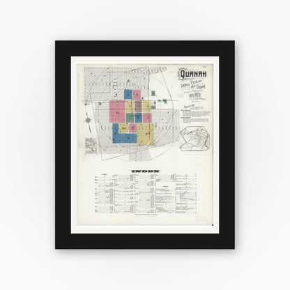 Old map wall art mockup — black gallery frame with white mat — Sanborn Fire Insurance Map from Quanah, Hardeman County, Texas (1921), Sheet #0001