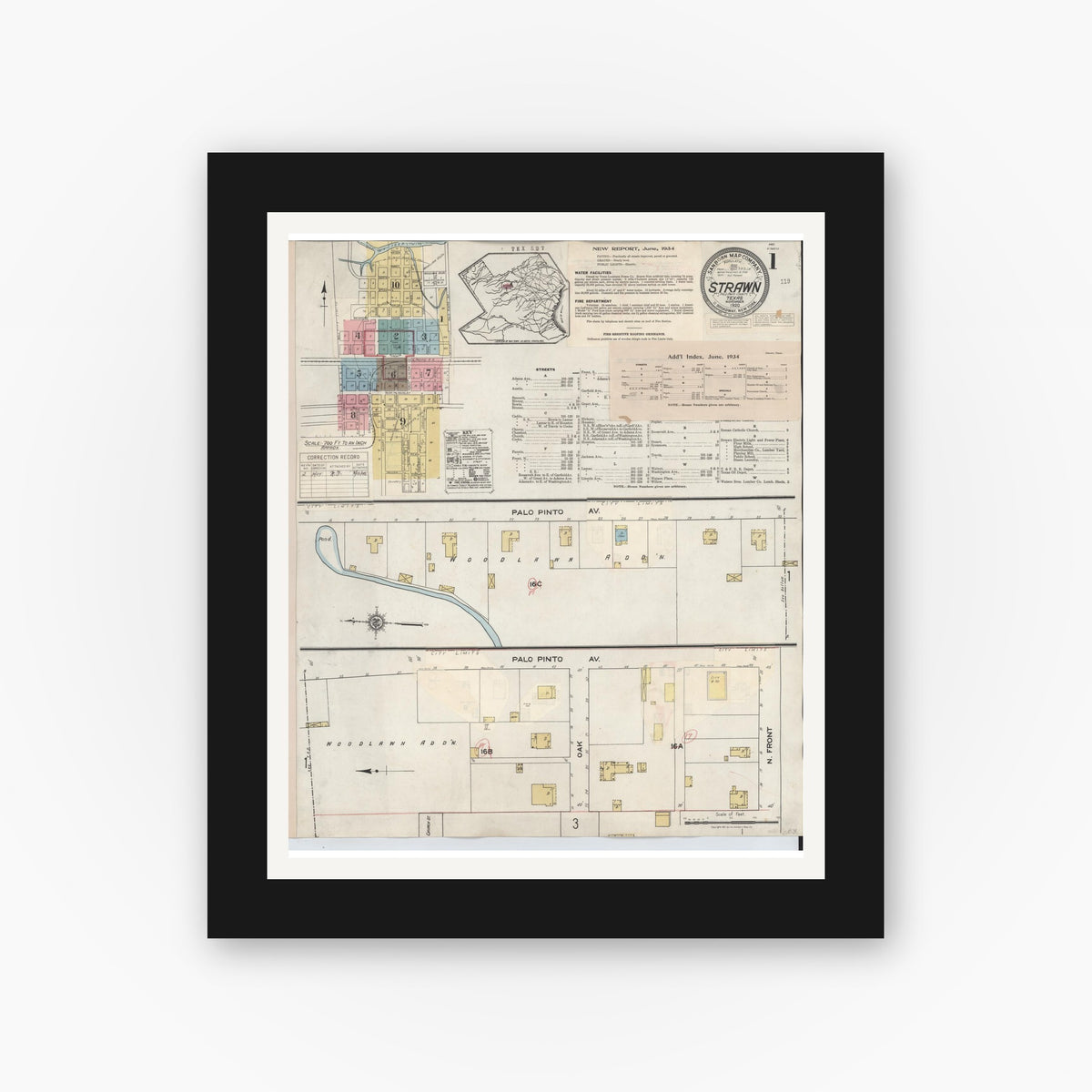 Old map wall art mockup — black gallery frame with white mat — Sanborn Fire Insurance Map from Strawn, Palo Pinto County, Texas (1944) - Complete Map Set