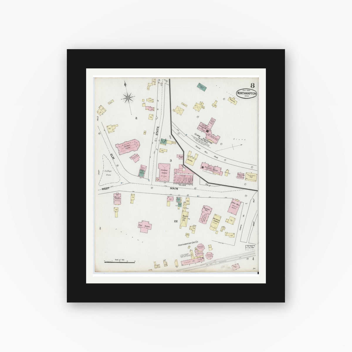 Old map wall art mockup — black gallery frame with white mat — Sanborn Fire Insurance Map from Northampton, Hampshire County, Massachusetts (1889), Sheet #0008