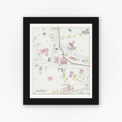 Old map wall art mockup — black gallery frame with white mat — Sanborn Fire Insurance Map from Northampton, Hampshire County, Massachusetts (1889), Sheet #0008