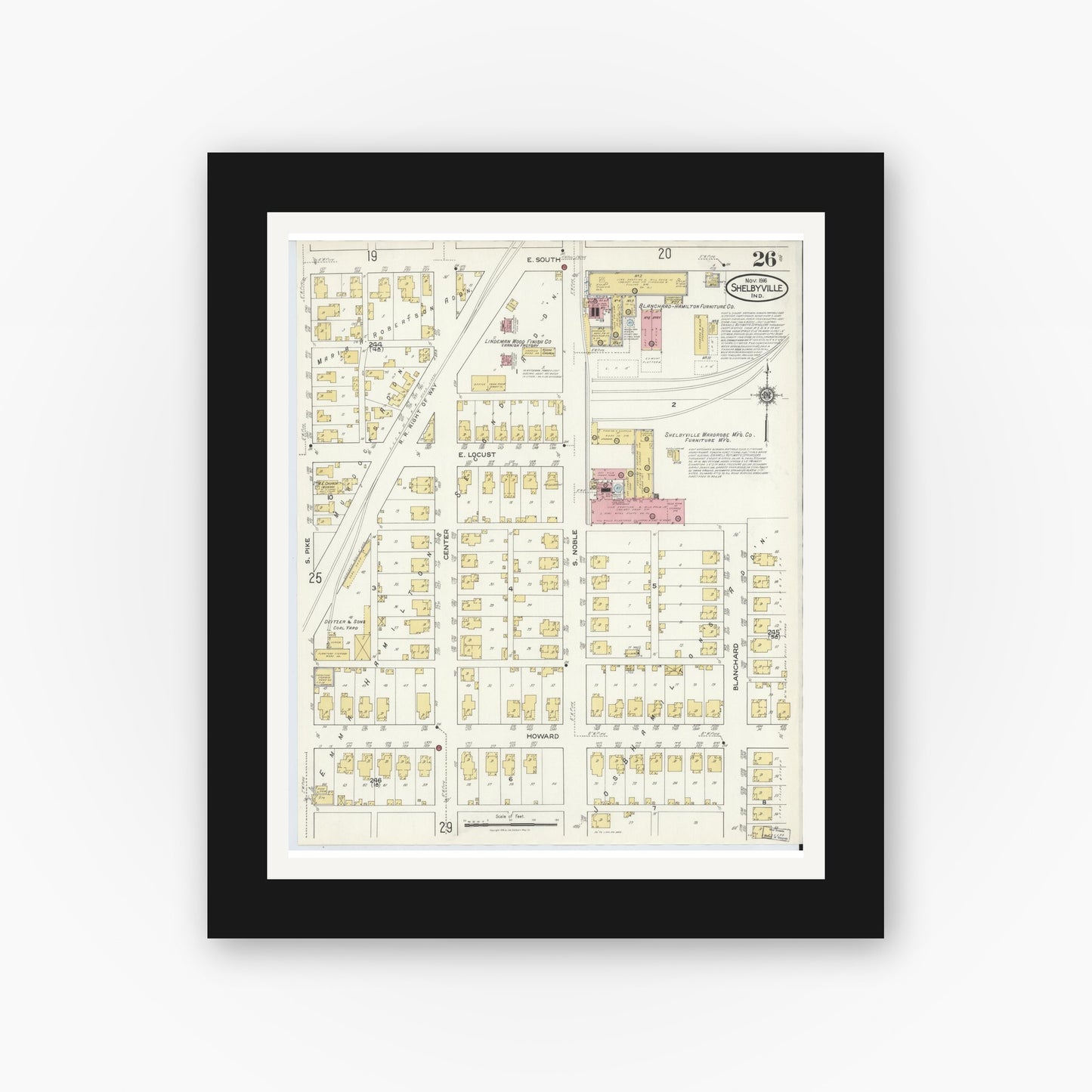 Old map wall art mockup — black gallery frame with white mat — Sanborn Fire Insurance Map from Shelbyville, Shelby County, Indiana (1916), Sheet #0026