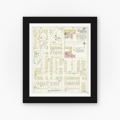 Old map wall art mockup — black gallery frame with white mat — Sanborn Fire Insurance Map from Shelbyville, Shelby County, Indiana (1916), Sheet #0026