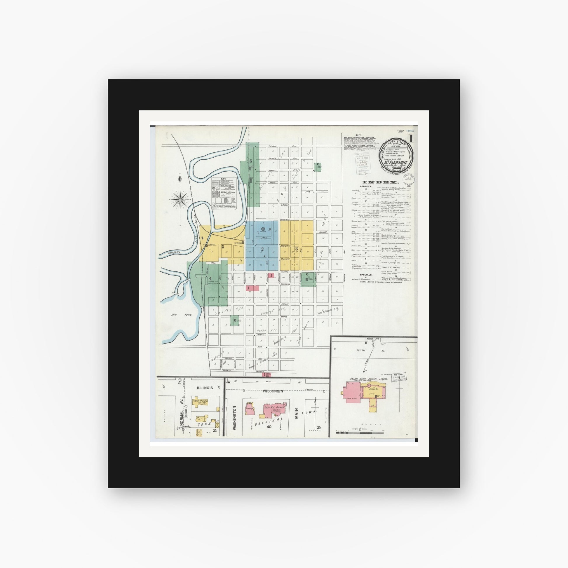 Old map wall art mockup — black gallery frame with white mat — Sanborn Fire Insurance Map from Mount Pleasant, Isabella County, Michigan (1900) - Complete Map Set
