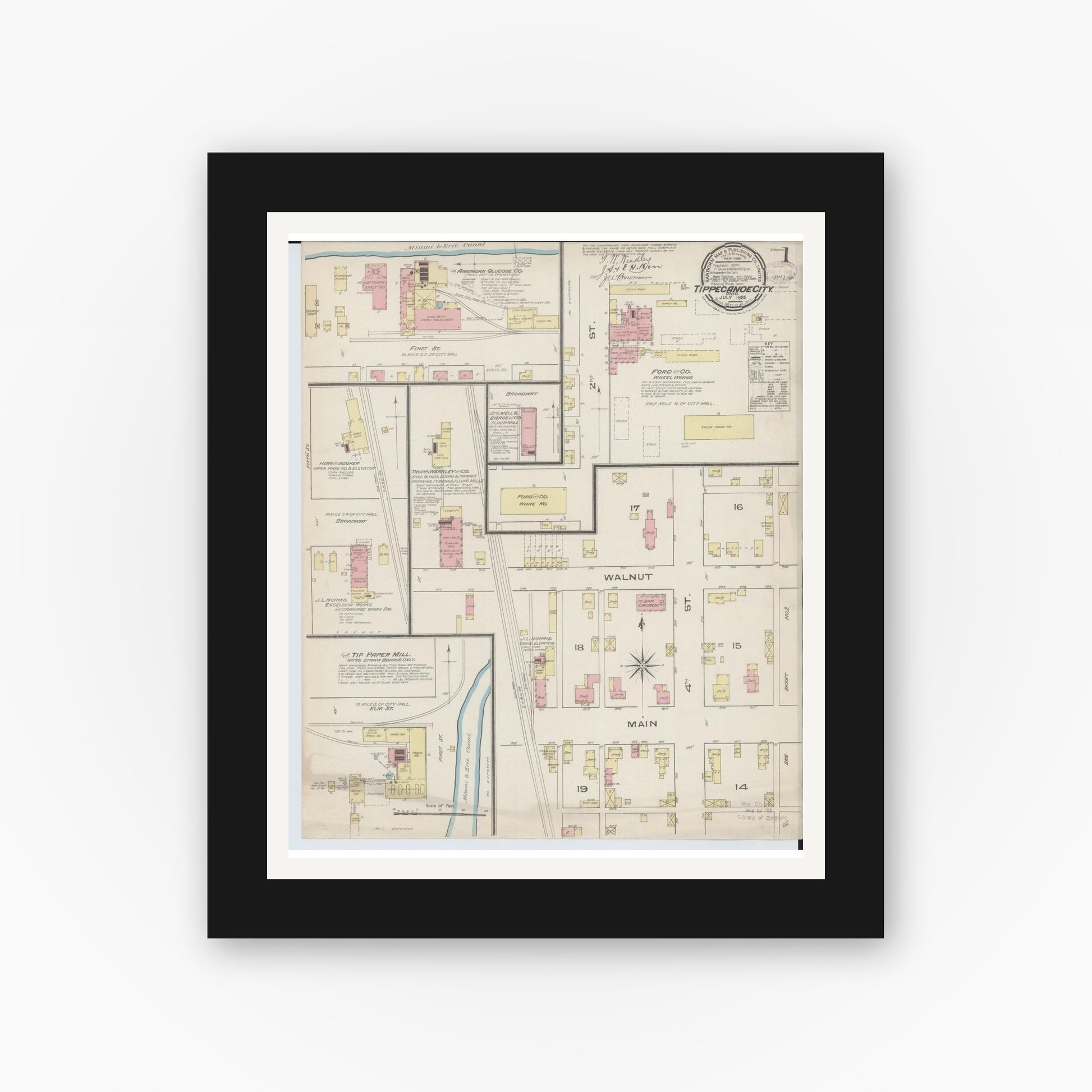 Old map wall art mockup — black gallery frame with white mat — Sanborn Fire Insurance Map from Tipp City, Miami County, Ohio (1885), Sheet #0001