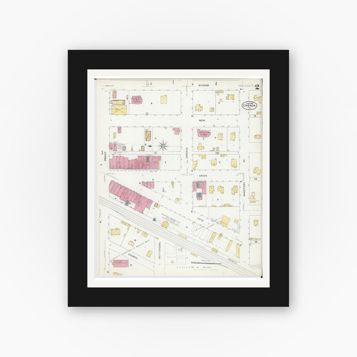Old map wall art mockup — black gallery frame with white mat — Sanborn Fire Insurance Map from Chenoa, McLean County, Illinois (1907), Sheet #0002