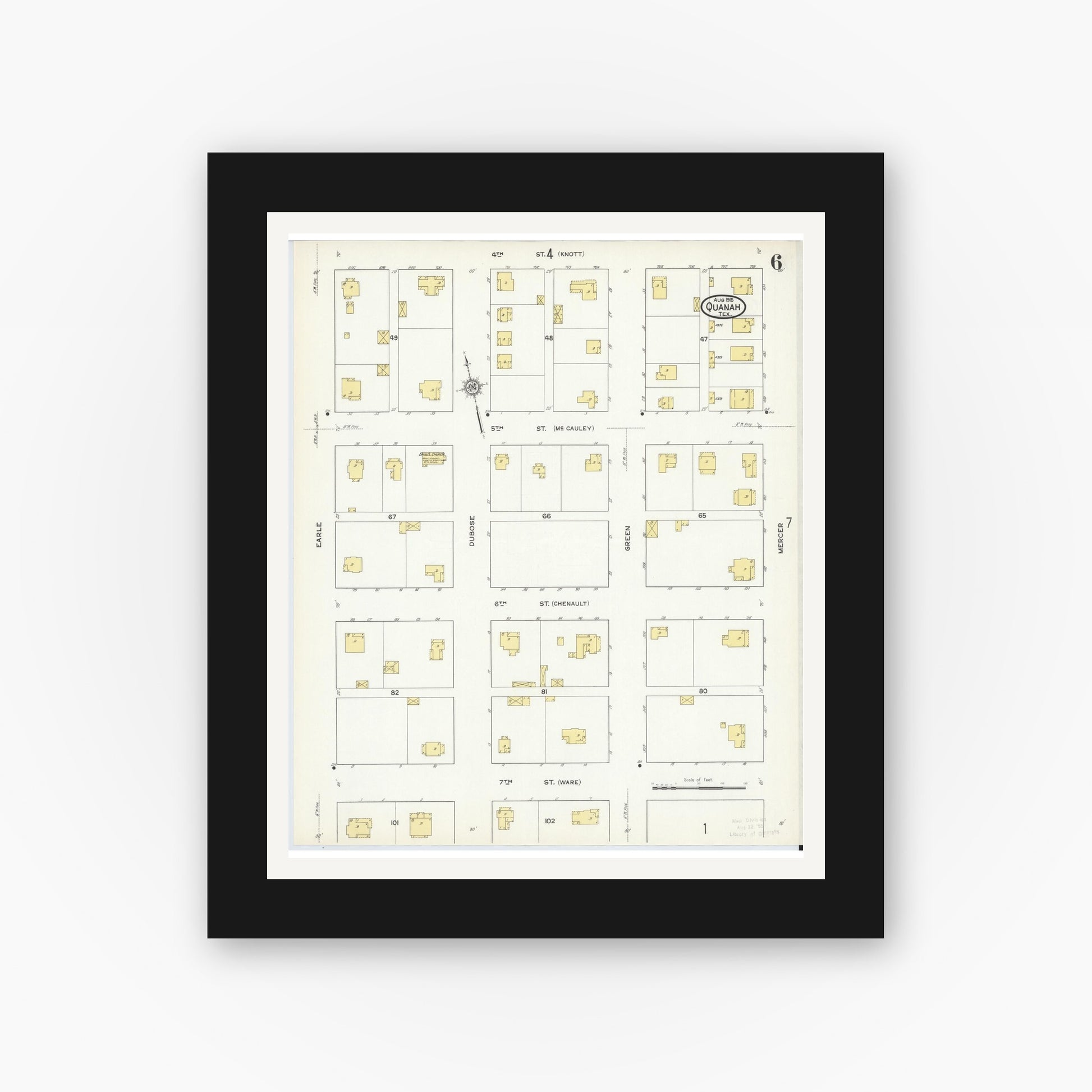 Old map wall art mockup — black gallery frame with white mat — Sanborn Fire Insurance Map from Quanah, Hardeman County, Texas (1915), Sheet #0006