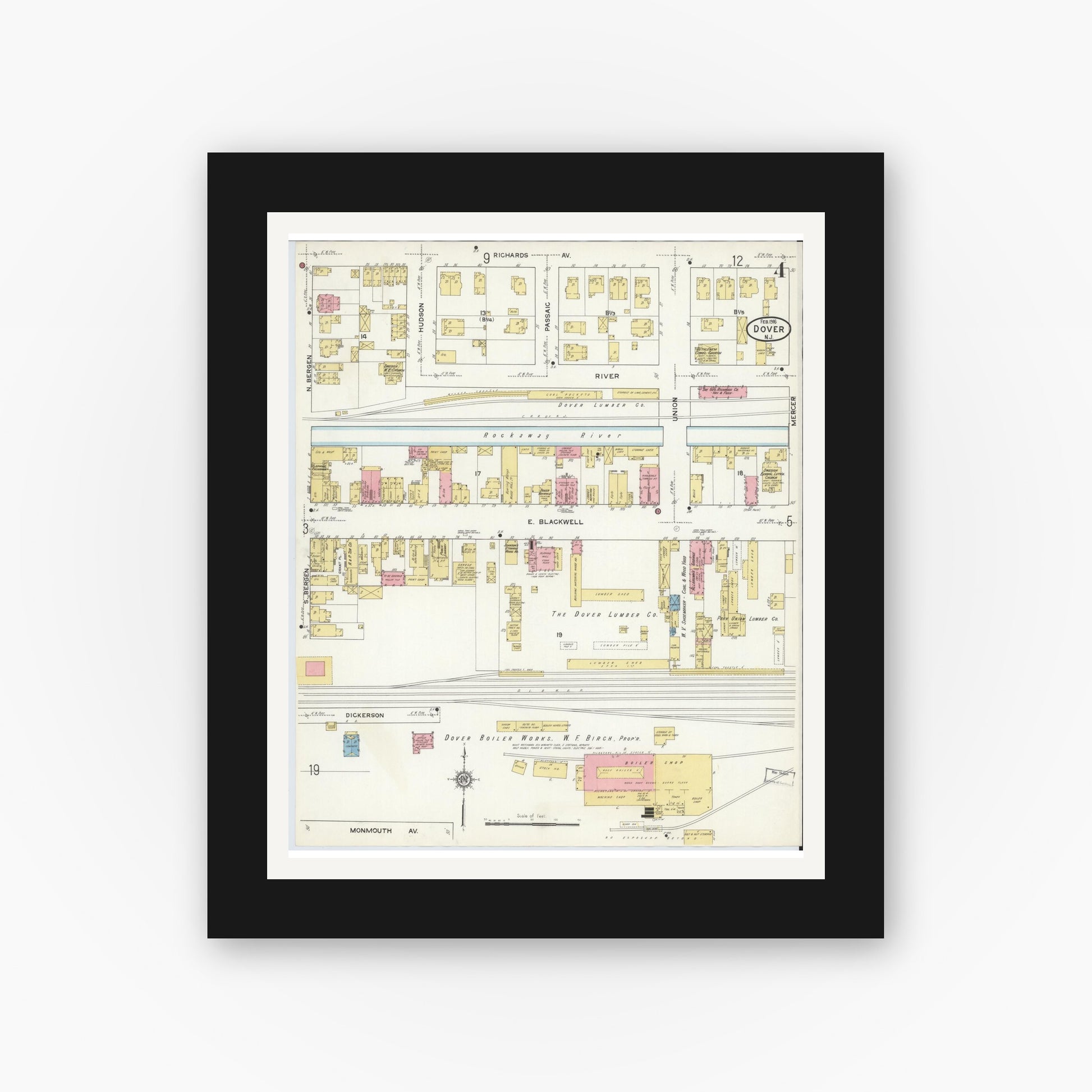 Old map wall art mockup — black gallery frame with white mat — Sanborn Fire Insurance Map from Dover, Morris County, New Jersey (1916), Sheet #0004