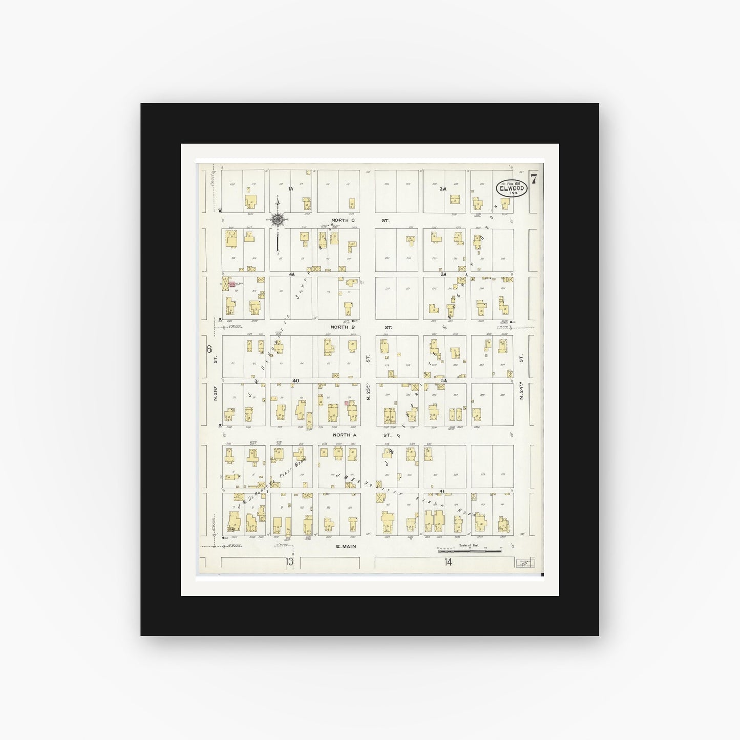 Old map wall art mockup — black gallery frame with white mat — Sanborn Fire Insurance Map from Elwood, Madison County, Indiana (1910), Sheet #0007