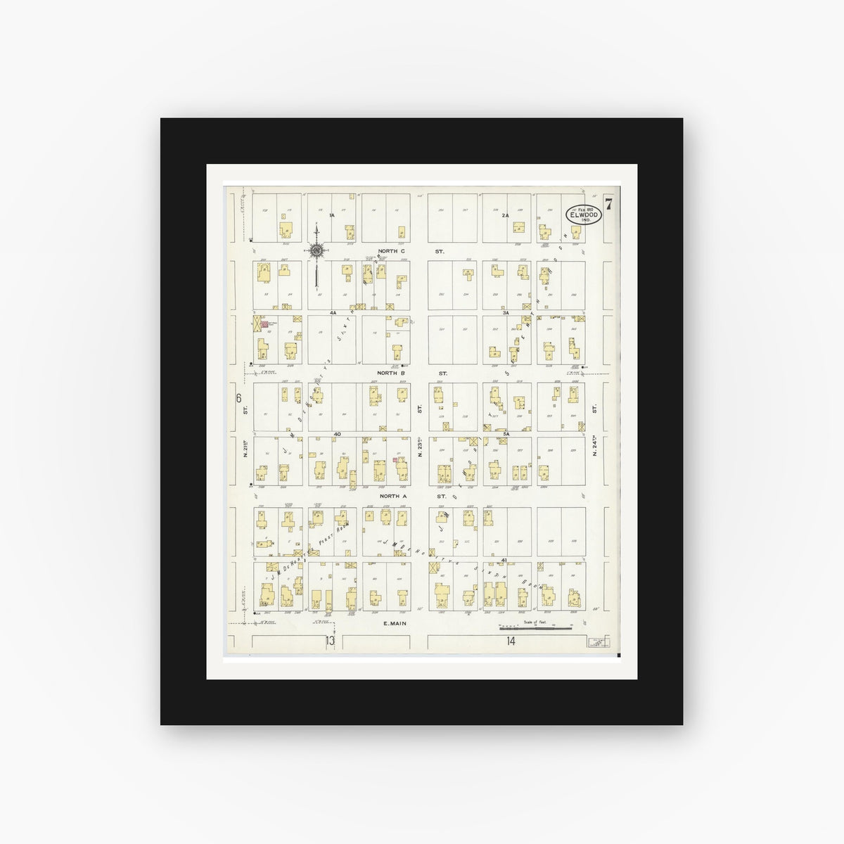 Old map wall art mockup — black gallery frame with white mat — Sanborn Fire Insurance Map from Elwood, Madison County, Indiana (1910), Sheet #0007