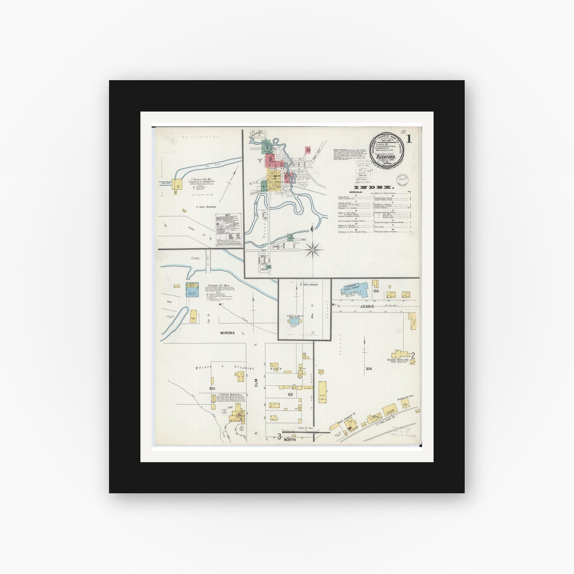 Old map wall art mockup — black gallery frame with white mat — Sanborn Fire Insurance Map from Rushford, Fillmore County, Minnesota (1900) - Complete Map Set