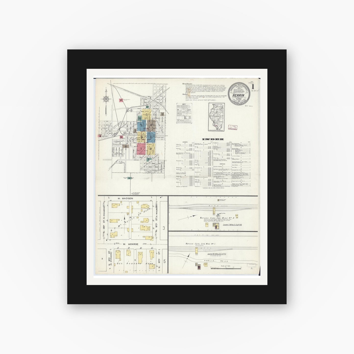 Old map wall art mockup — black gallery frame with white mat — Sanborn Fire Insurance Map from Herrin, Williamson County, Illinois (1913) - Complete Map Set