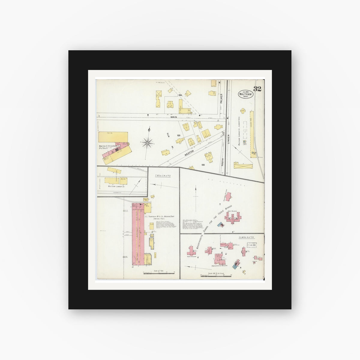 Old map wall art mockup — black gallery frame with white mat — Sanborn Fire Insurance Map from Waltham, Middlesex County, Massachusetts (1903), Sheet #0032
